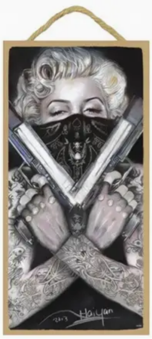 Marilyn Monroe with guns and tattoo sleeves 5" x 10" wood Sign