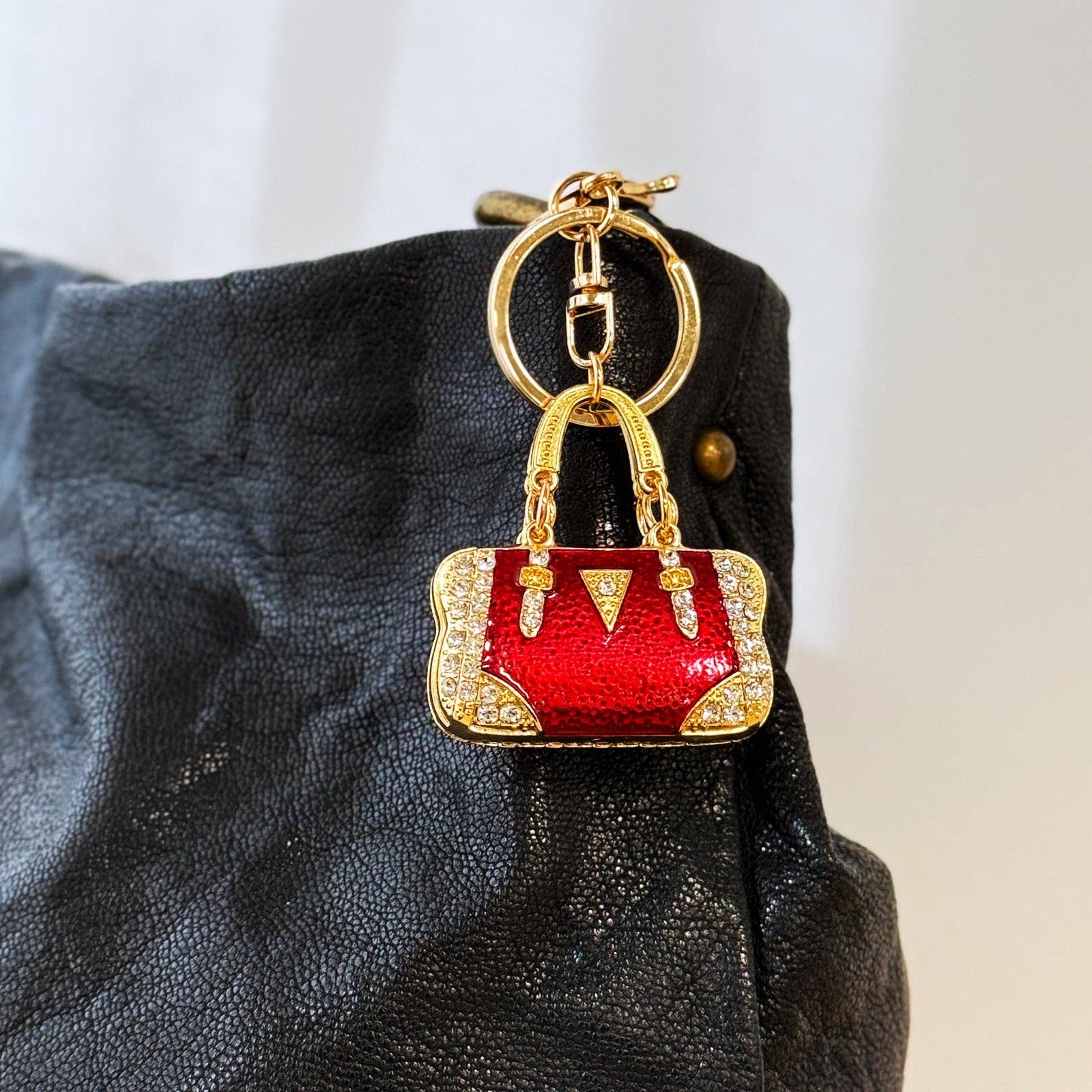 Rhinestone Handbag Shaped Purse Charm Keychain: Red
