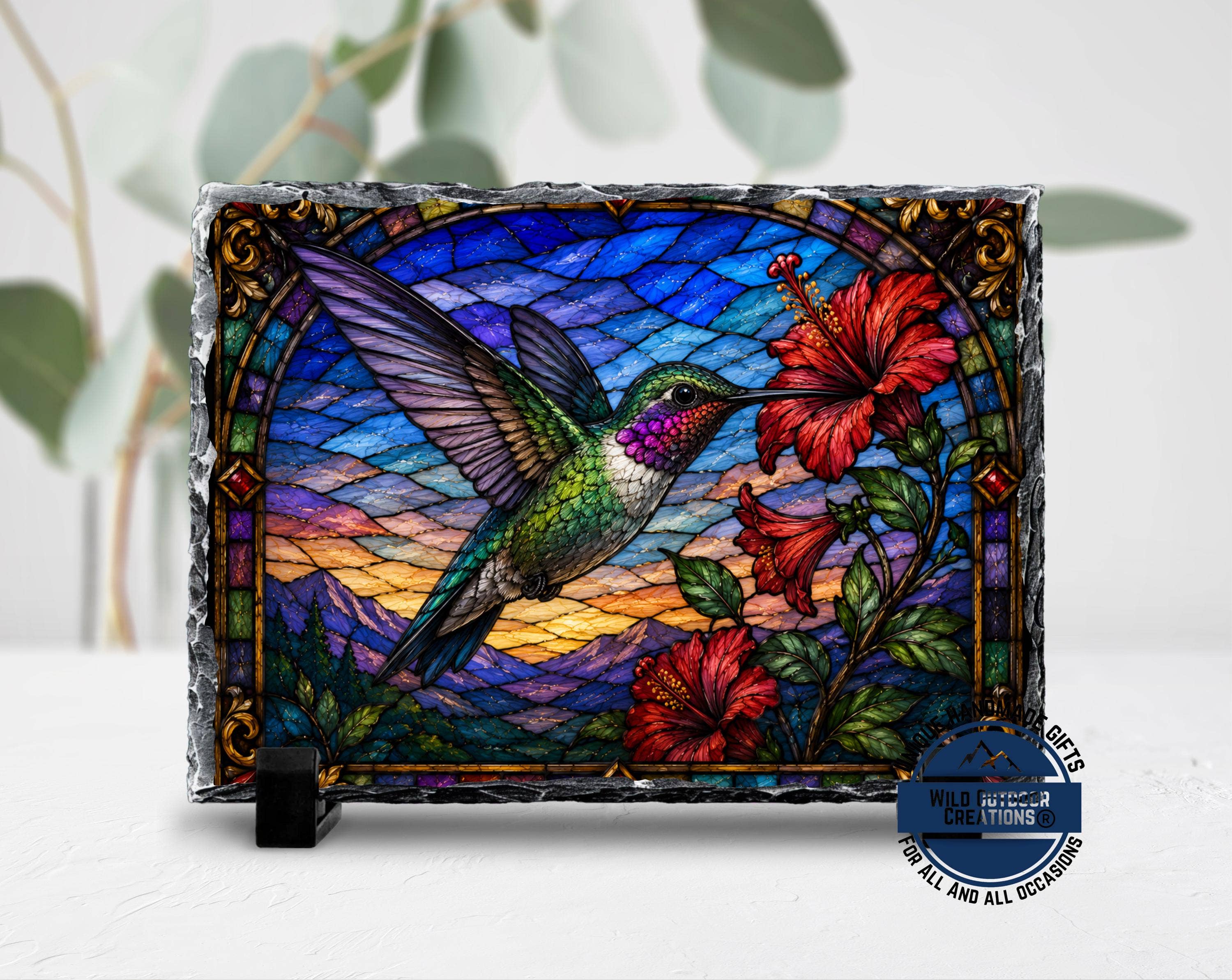 Slate Plaque - Faux Stained Glass - Hummingbird & Hibiscus