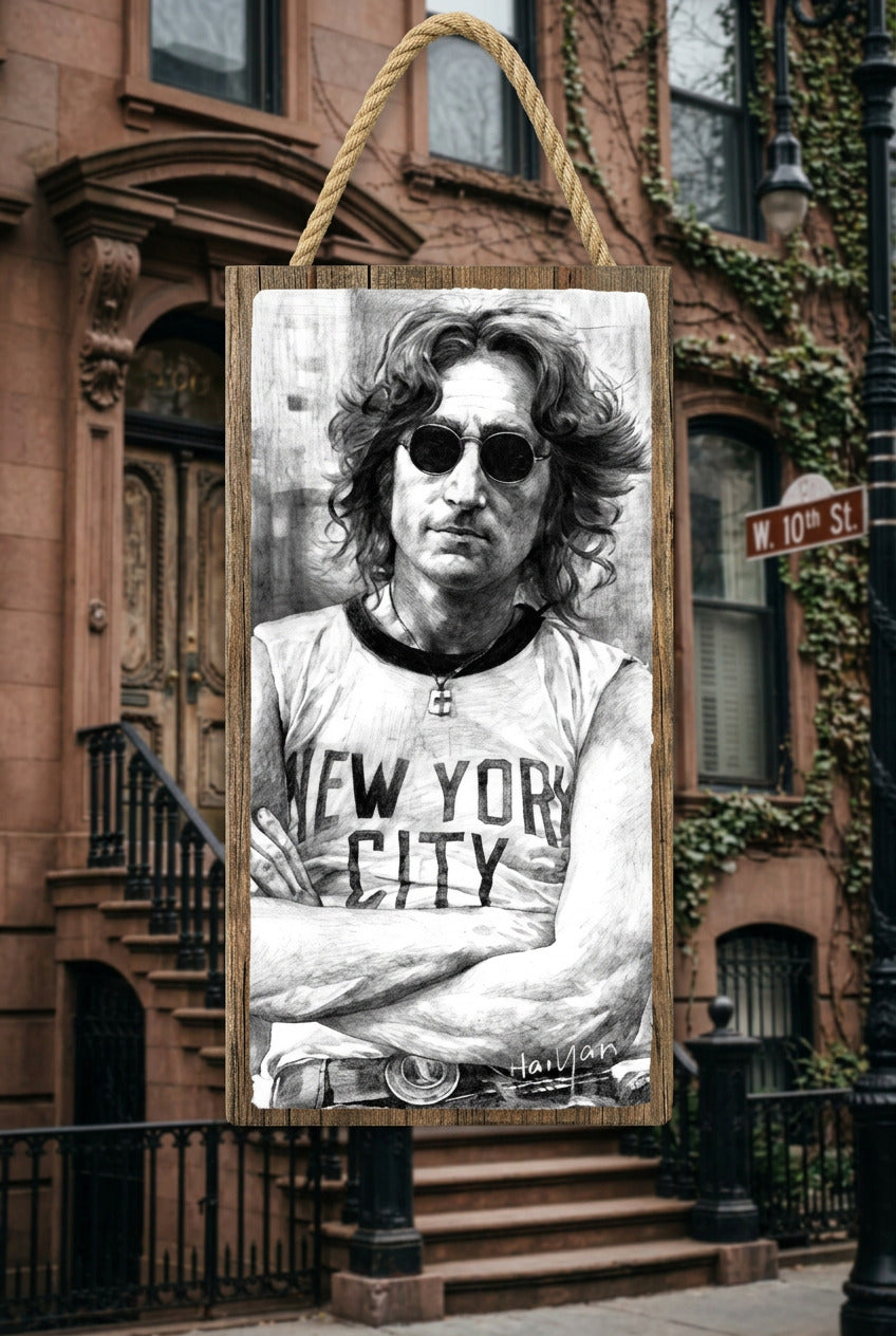 John Lennon (wearing NYC shirt, black and white) Plaque