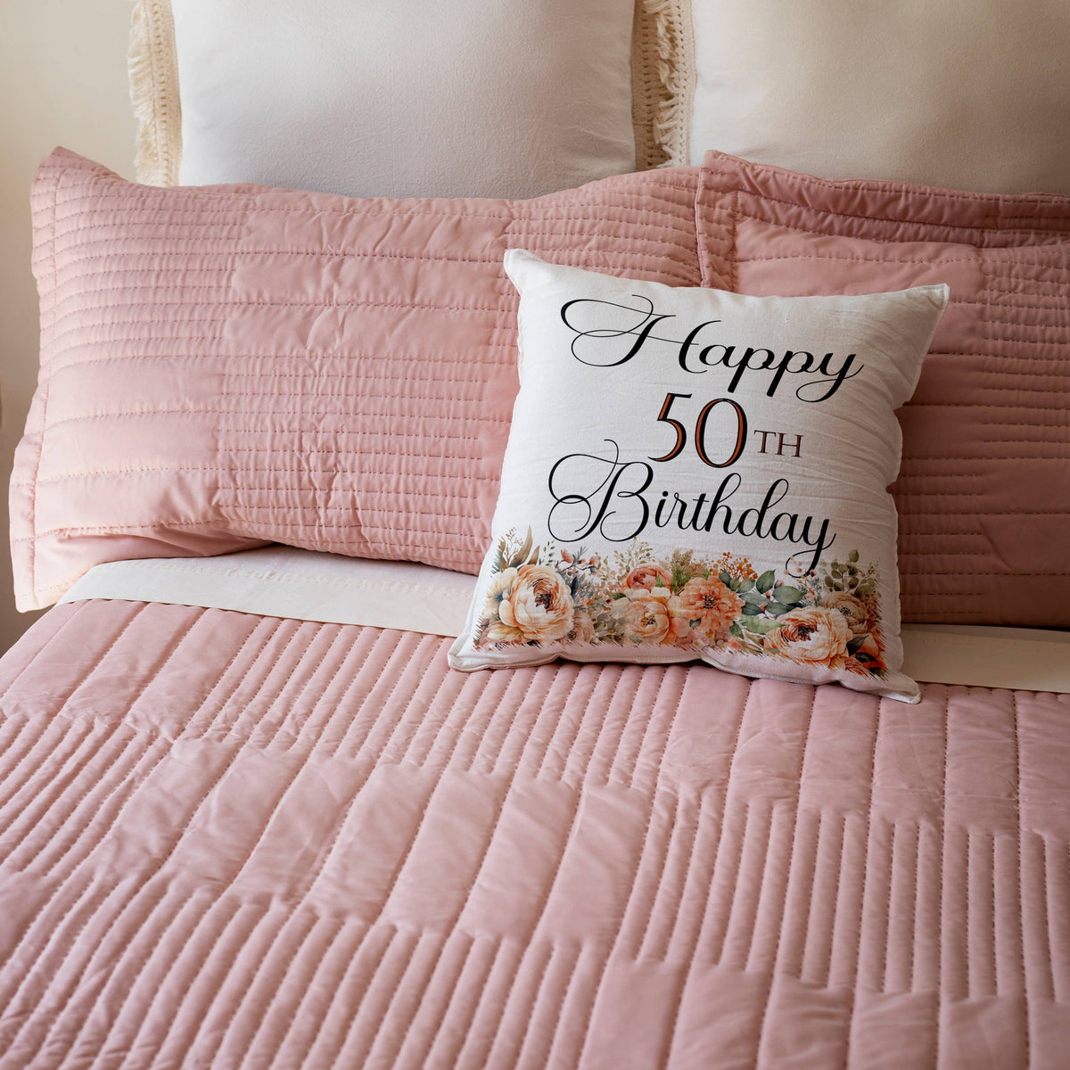 Happy 50th Birthday With Peach Flowers, Pillow
