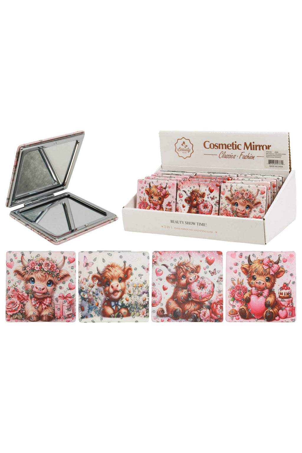 Pink Highland Cow Glittery Square Compact Mirror