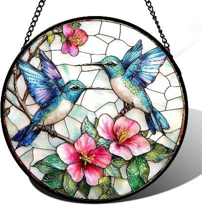 Blue Hummingbirds Glass Suncatcher