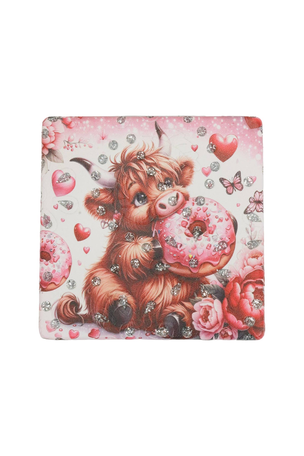 Pink Highland Cow Glittery Square Compact Mirror
