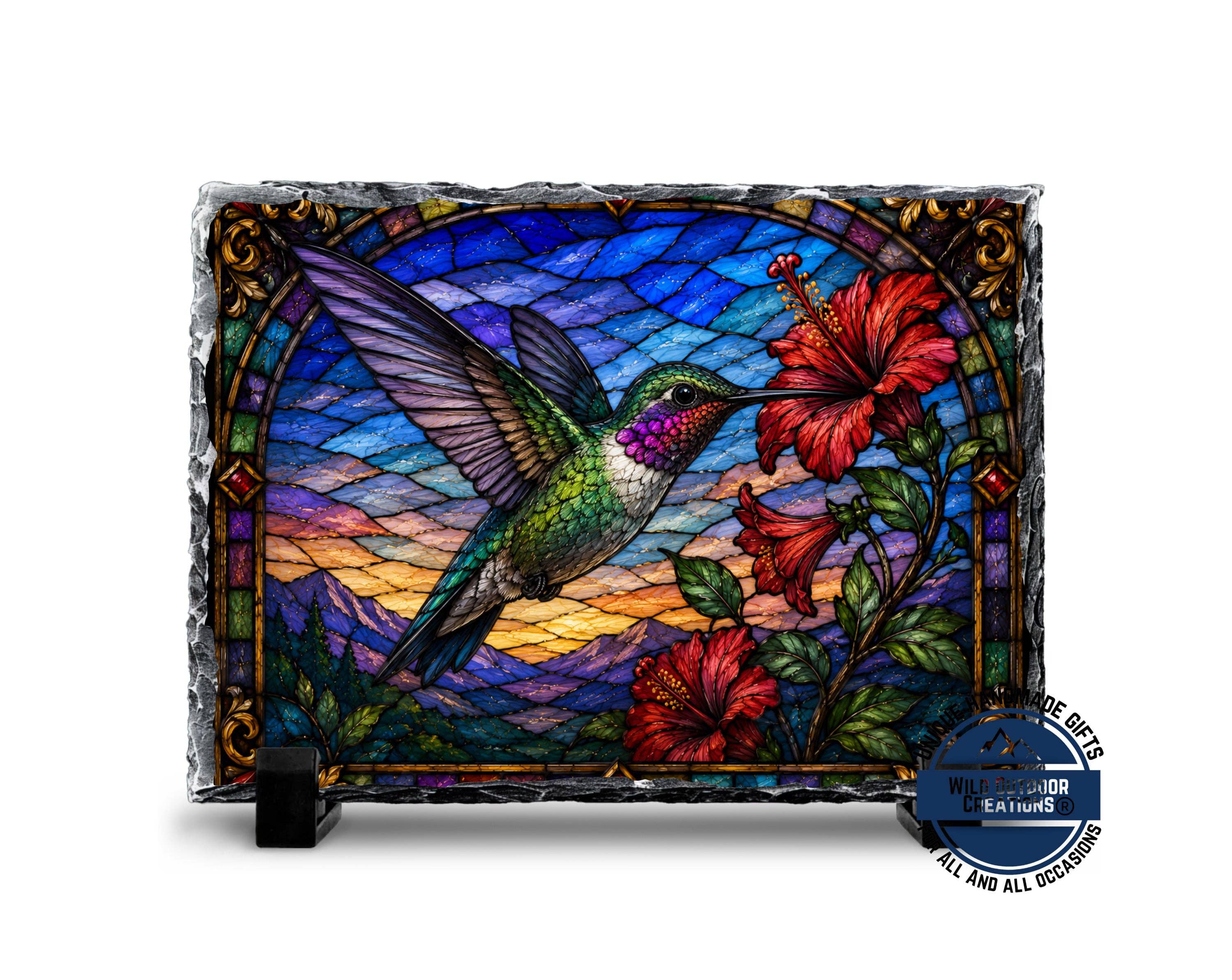 Slate Plaque - Faux Stained Glass - Hummingbird & Hibiscus