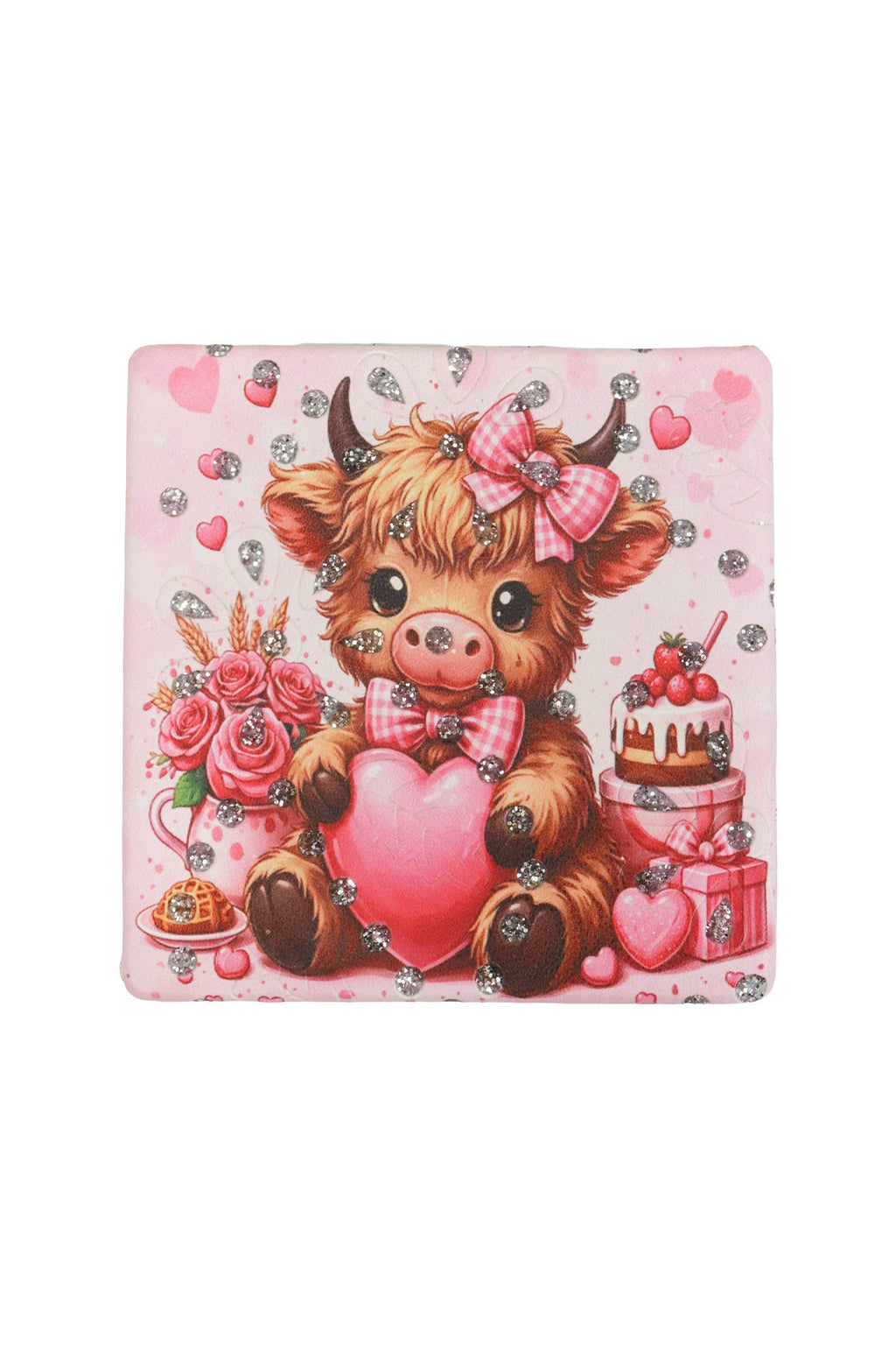 Pink Highland Cow Glittery Square Compact Mirror