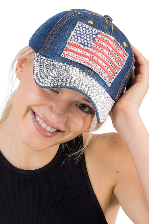 American Flag Bling Patch Denim Baseball Cap: DENIM DARK BLUE