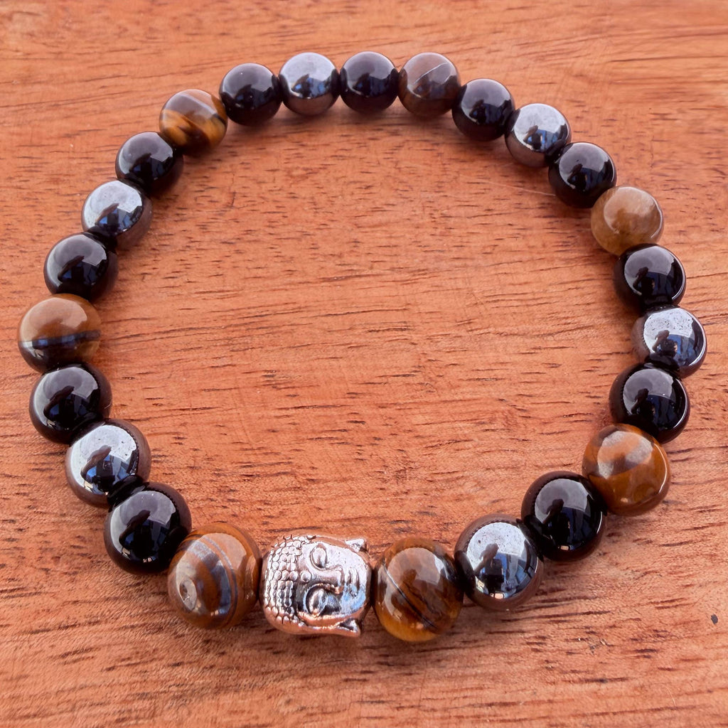 Natural Hematite Obsidian Tiger Eye Stone Bracelet 8mm: Buddha Bead
