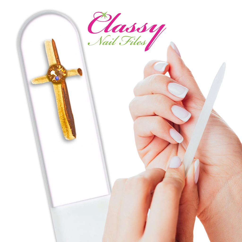 Gold Cross Religion Christian Hand Painted Crystal Nail File: Large