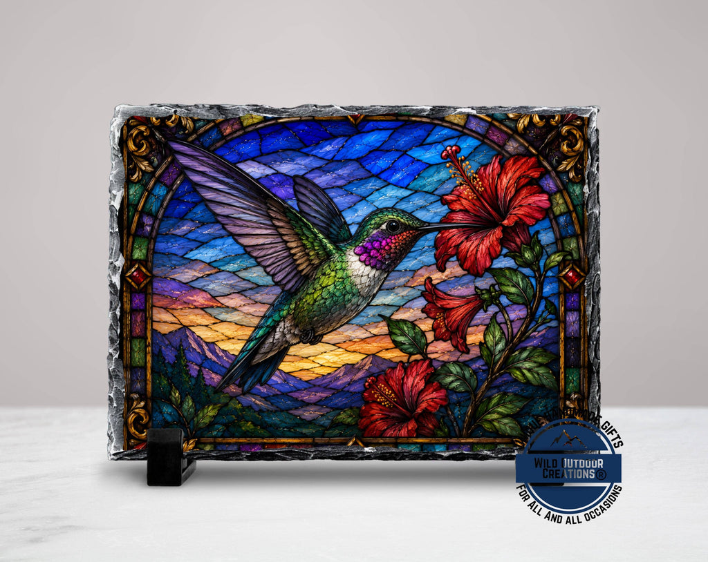 Slate Plaque - Faux Stained Glass - Hummingbird & Hibiscus