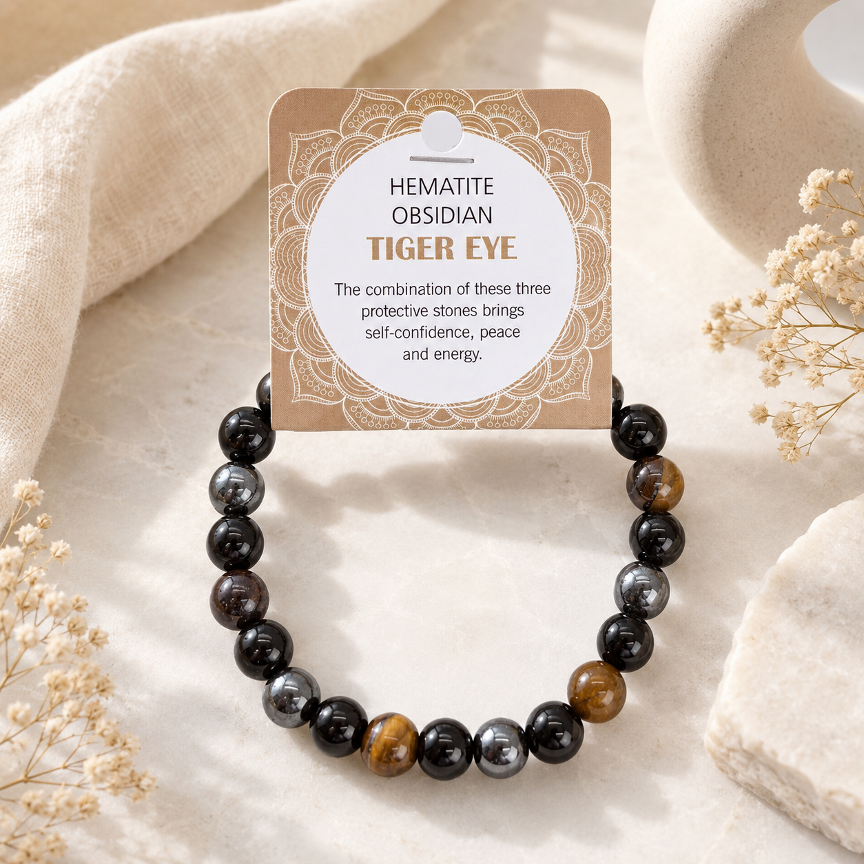 Natural Hematite Obsidian Tiger Eye Stone Bracelet 8mm: Buddha Bead
