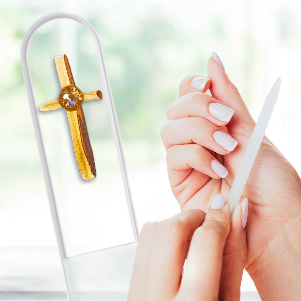 Gold Cross Religion Christian Hand Painted Crystal Nail File: Small