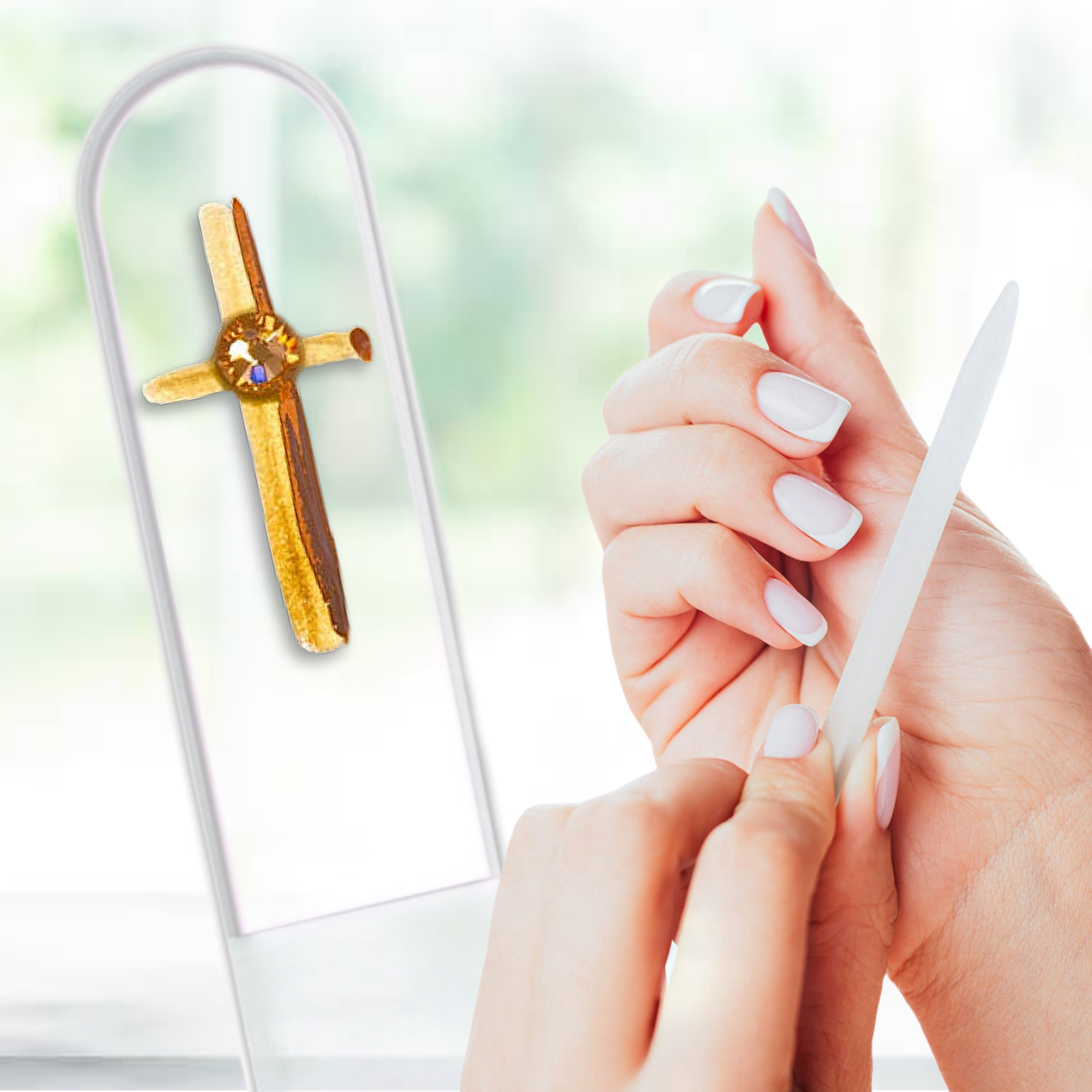 Gold Cross Religion Christian Hand Painted Crystal Nail File: Large