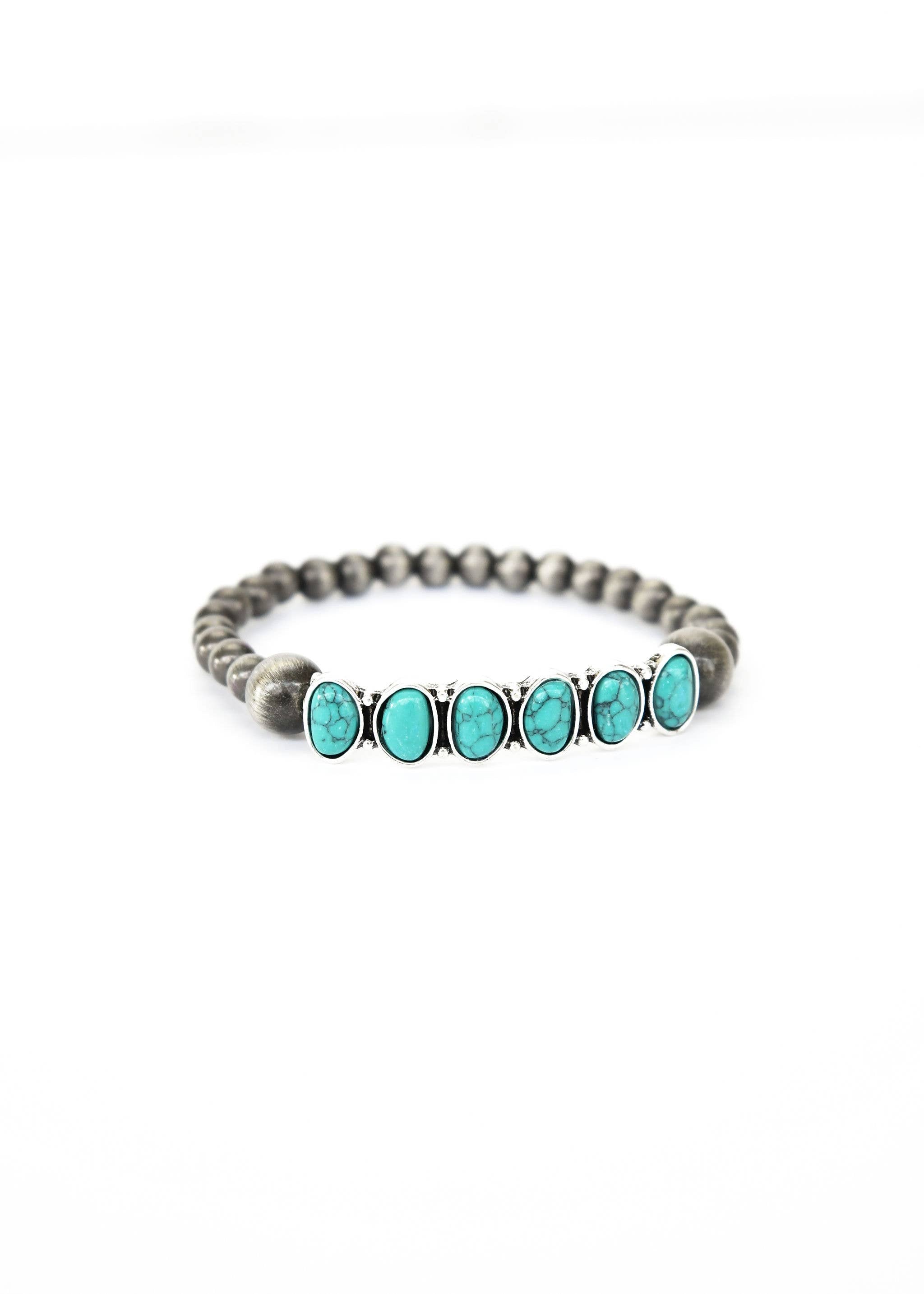 Faux Navajo Pearl Stretch Bracelet w/ 7 Stone Turq Accent